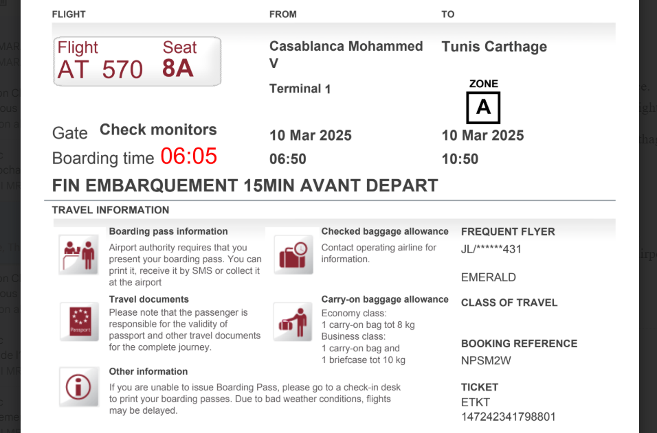 【フライトの様子】AT572 カサブランカ~チュニス 10Mar25 B737-800 エコノミークラス