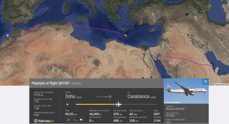 【フライトの様子】QR1397 ドーハ~カサブランカ 27Oct24 エアバスA350-900型機