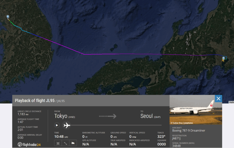 【フライトの様子】JAL95 羽田～金浦 18Feb25　ボーイングB787-900型機