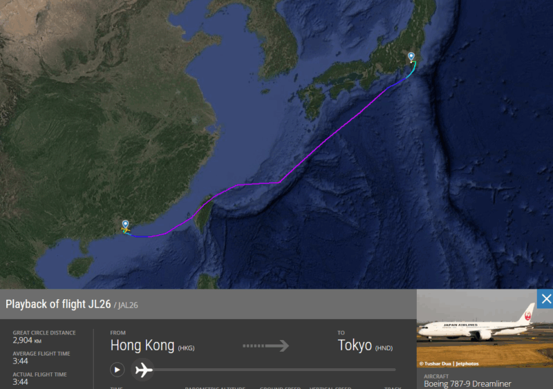 【フライトの様子】JAL26 香港～羽田 Apr25 B787-900型機 普通席