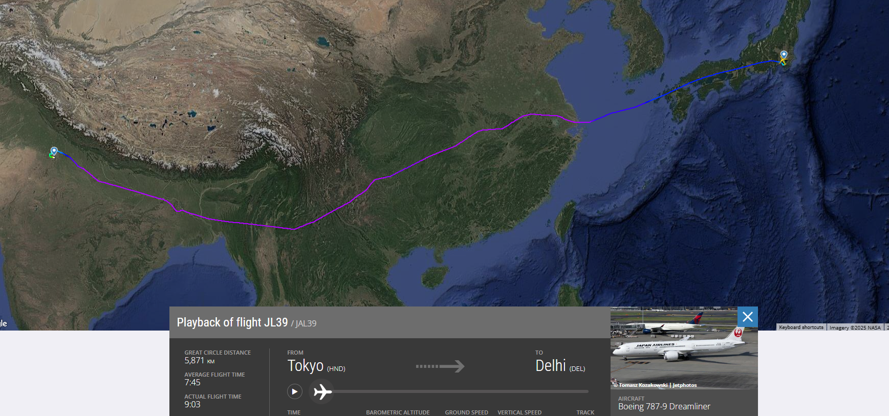 【フライトの様子】SKY SUITYEⅢ ビジネスクラス JAL39 羽田～デリー May25 B787-900型機